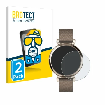 Front side of a product packaging with the brand logo BROTECT. Next to it is the device Garmin Lily 2 shown with the correspon