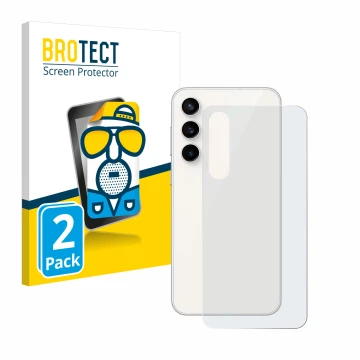 Front side of a product packaging with the brand logo BROTECT. Next to it is the device Samsung Galaxy S23 FE (Back) shown wit