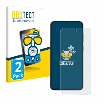 Front side of a product packaging with the brand logo BROTECT. Next to it is the device Samsung Galaxy S24 Plus shown with the