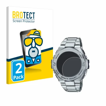 Front side of a product packaging with the brand logo BROTECT. Next to it is the device Casio G-Shock GST-B500D-1A shown with 