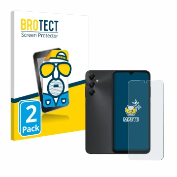 Front side of a product packaging with the brand logo BROTECT. Next to it is the device Samsung Galaxy A05s shown with the cor