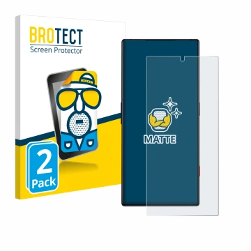 Front side of a product packaging with the brand logo BROTECT. Next to it is the device ZTE Nubia Red Magic 8 Pro shown with t