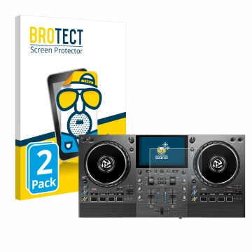 Front side of a product packaging with the brand logo BROTECT. Next to it is the device Numark Mixstream Pro Go shown with the