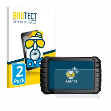 Front side of a product packaging with the brand logo BROTECT. Next to it is the device iCarsoft CR Max BT (2024) shown with t