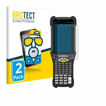 Front side of a product packaging with the brand logo BROTECT. Next to it is the device Zebra MC9400 shown with the correspond