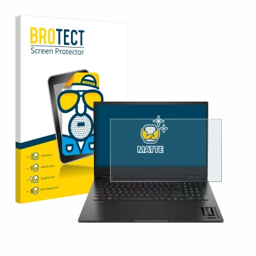 Front side of a product packaging with the brand logo BROTECT. Next to it is the device HP Omen 16 2024 shown with the corresp