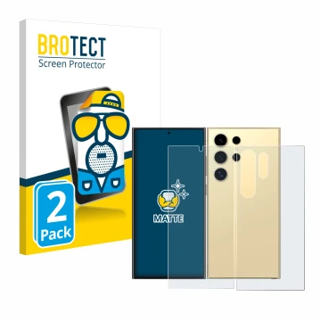 Front side of a product packaging with the brand logo BROTECT. Next to it is the device Samsung Galaxy S24 Ultra (case-friendl