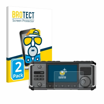 Front side of a product packaging with the brand logo BROTECT. Next to it is the device Xiegu X6200 shown with the correspondi