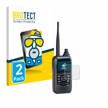 Front side of a product packaging with the brand logo BROTECT. Next to it is the device Icom IC-R15 shown with the correspondi