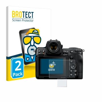 Front side of a product packaging with the brand logo BROTECT. Next to it is the device Nikon Z 8 (Display + top plate display