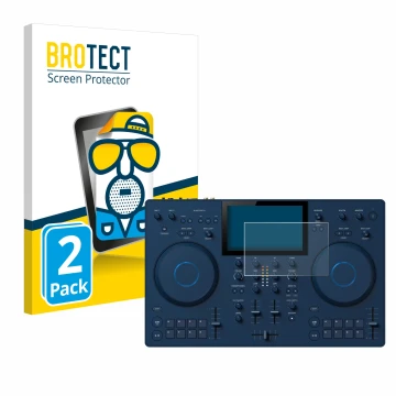 Front side of a product packaging with the brand logo BROTECT. Next to it is the device AlphaTheta OMNIS-Duo shown with the co
