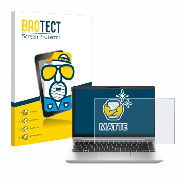 Front side of a product packaging with the brand logo BROTECT. Next to it is the device HP ProBook 440 G10 shown with the corr