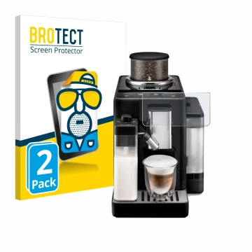 Front side of a product packaging with the brand logo BROTECT. Next to it is the device DeLonghi Rivelia shown with the corres