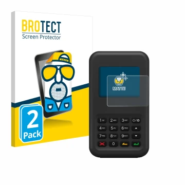 Front side of a product packaging with the brand logo BROTECT. Next to it is the device Shopify WisePad 3 shown with the corre