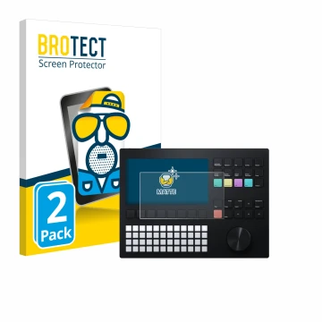 Front side of a product packaging with the brand logo BROTECT. Next to it is the device Polyend Tracker shown with the corresp