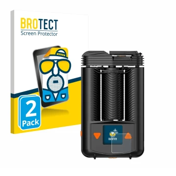 Front side of a product packaging with the brand logo BROTECT. Next to it is the device Storz & Bickel Mighty + shown with the