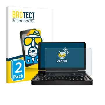 Front side of a product packaging with the brand logo BROTECT. Next to it is the device GPD Win Mini (2024) shown with the cor