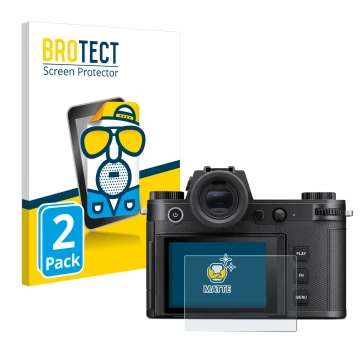 Front side of a product packaging with the brand logo BROTECT. Next to it is the device Leica SL3 shown with the corresponding