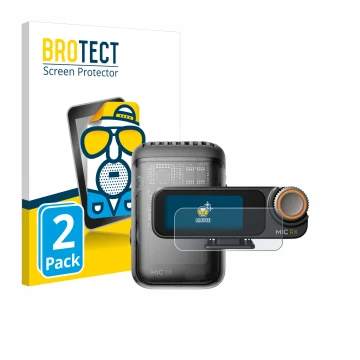 Front side of a product packaging with the brand logo BROTECT. Next to it is the device DJI Mic 2 (Receiver) shown with the co