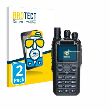 Front side of a product packaging with the brand logo BROTECT. Next to it is the device AnyTone AT-D878UV II Plus shown with t