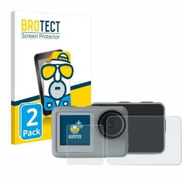 Front side of a product packaging with the brand logo BROTECT. Next to it is the device Rollei Actioncam 9s Plus shown with th