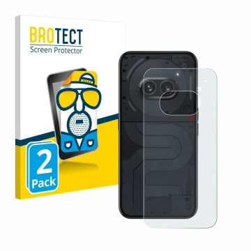 Front side of a product packaging with the brand logo BROTECT. Next to it is the device Nothing Phone (2a) (Back) shown with t