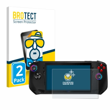 Front side of a product packaging with the brand logo BROTECT. Next to it is the device MSI Claw A1M shown with the correspond