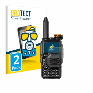 Front side of a product packaging with the brand logo BROTECT. Next to it is the device Quansheng UV-K5 shown with the corresp