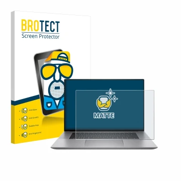 Front side of a product packaging with the brand logo BROTECT. Next to it is the device HP Zbook Studio 16 G10 shown with the 