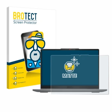 Front side of a product packaging with the brand logo BROTECT. Next to it is the device Lenovo IdeaPad 5 2-in-1 14AHP9 shown w