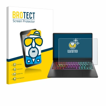 Front side of a product packaging with the brand logo BROTECT. Next to it is the device HP Omen Transcend 14 shown with the co