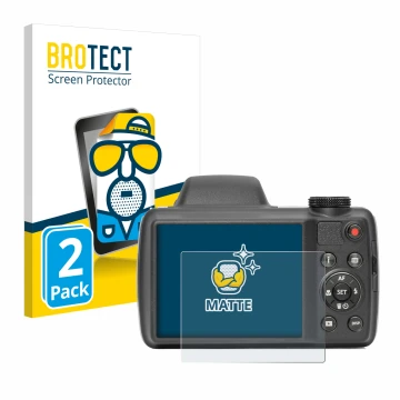Front side of a product packaging with the brand logo BROTECT. Next to it is the device Kodak Pixpro AZ528 shown with the corr
