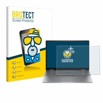 Front side of a product packaging with the brand logo BROTECT. Next to it is the device HP Envy x360 2-in-1 16 shown with the 