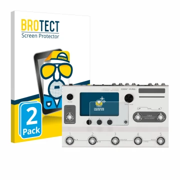 Front side of a product packaging with the brand logo BROTECT. Next to it is the device Hotone Ampero II Stage shown with the 