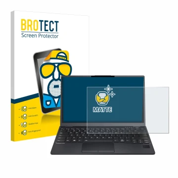 Front side of a product packaging with the brand logo BROTECT. Next to it is the device Fujitsu Lifebook U9312 shown with the 