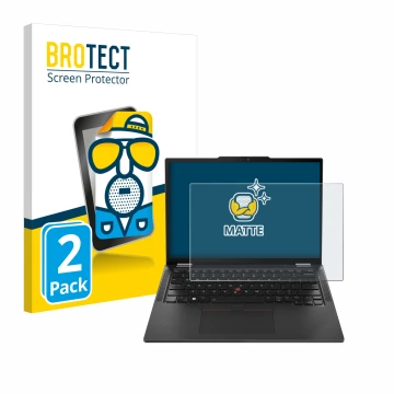 Front side of a product packaging with the brand logo BROTECT. Next to it is the device Lenovo ThinkPad X13 Gen 5 shown with t