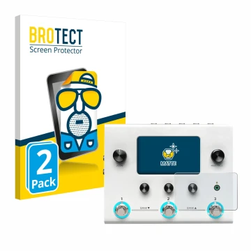 Front side of a product packaging with the brand logo BROTECT. Next to it is the device Hotone Ampero II Stomp shown with the 
