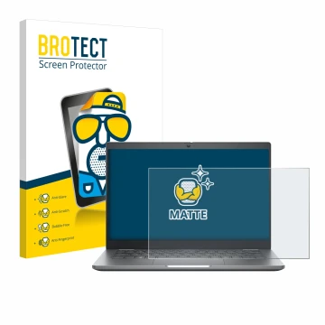 Front side of a product packaging with the brand logo BROTECT. Next to it is the device Dell Latitude 5350 Laptop shown with t