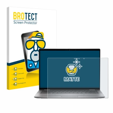 Front side of a product packaging with the brand logo BROTECT. Next to it is the device Dell Latitude 7450 2-in-1 shown with t