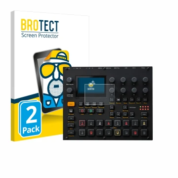 Front side of a product packaging with the brand logo BROTECT. Next to it is the device Elektron Digitakt II shown with the co