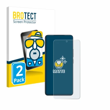 Front side of a product packaging with the brand logo BROTECT. Next to it is the device Xiaomi Poco F6 Pro shown with the corr