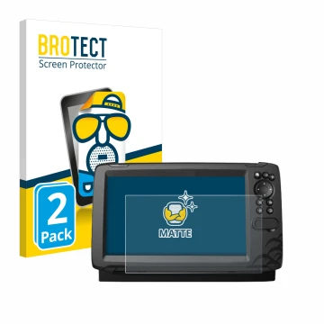 Front side of a product packaging with the brand logo BROTECT. Next to it is the device Lowrance HOOK Reveal 9 shown with the 
