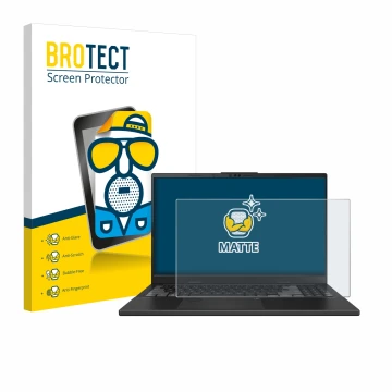 Front side of a product packaging with the brand logo BROTECT. Next to it is the device ASUS VivoBook Pro 15 OLED N6506 shown 