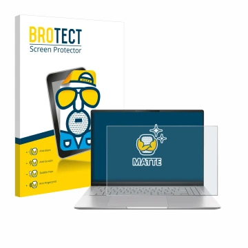 Front side of a product packaging with the brand logo BROTECT. Next to it is the device ASUS Vivobook S16 OLED M5606 shown wit