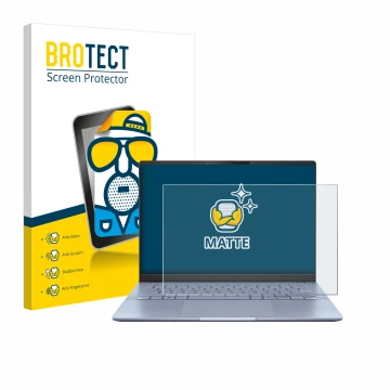 Front side of a product packaging with the brand logo BROTECT. Next to it is the device ASUS Vivobook S 14 OLED S5406 shown wi