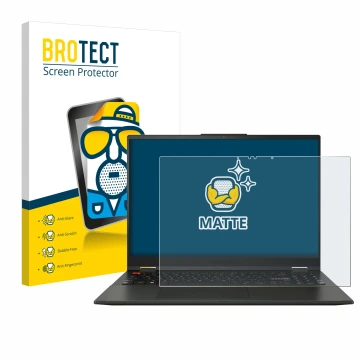 Front side of a product packaging with the brand logo BROTECT. Next to it is the device ASUS Vivobook S 16 Flip TN3604 shown w