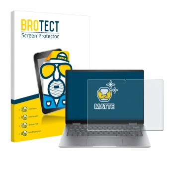 Front side of a product packaging with the brand logo BROTECT. Next to it is the device HP Envy x360 14 2-in-1 shown with the 