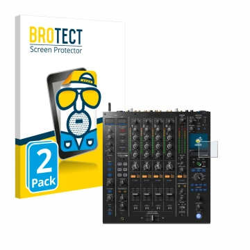 Front side of a product packaging with the brand logo BROTECT. Next to it is the device Pioneer DJM A9 shown with the correspo