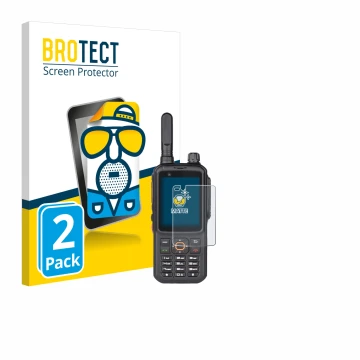 Front side of a product packaging with the brand logo BROTECT. Next to it is the device Inrico T320 shown with the correspondi