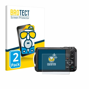 Front side of a product packaging with the brand logo BROTECT. Next to it is the device Ricoh Pentax WG-8 shown with the corre